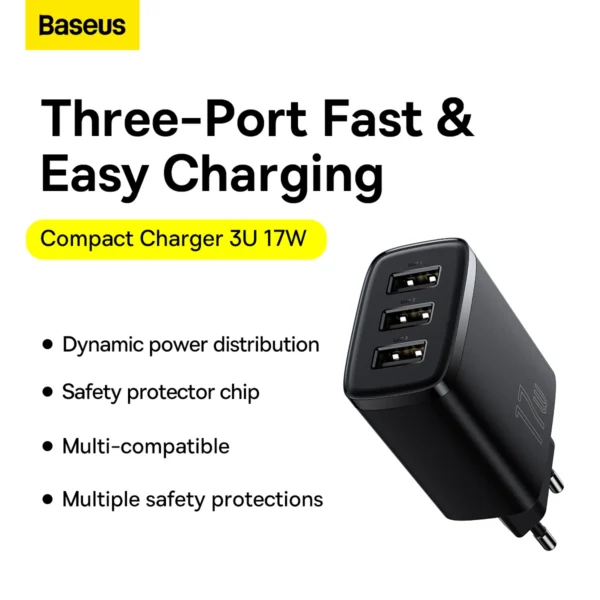 Carregador Turbo Baseus 17W 3 USB + Cabo Lightning 1m | Original ANATEL | Bivolt - Imagem 4