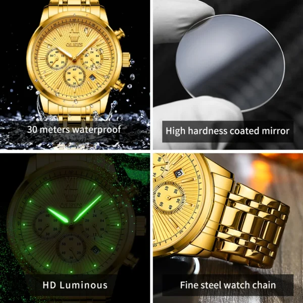 Relógios masculinos OLEVS de luxo dourado - Imagem 6