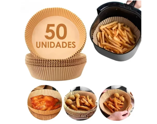 Kit com 50 Unidades de Forros Descartáveis para Airfryer – Redondos e Quadrados | Antaderente, Biodegradável e Resistente a 220°C