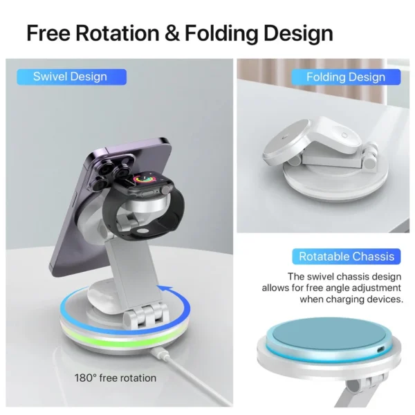 Carregador Magnético Dobrável Sem Fio, Carregador 4 em 1 para Apple iPhone 15 Pro Max, 14, 13, 12, Airpods 3, 2 Pro - Imagem 6