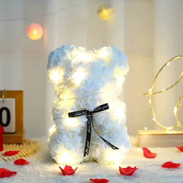 Urso de Rosas com Luz 25cm + Caixa Presente – Presente Romântico para Namorada, Aniversário, Casamento ou Dia das Mães - Imagem 6