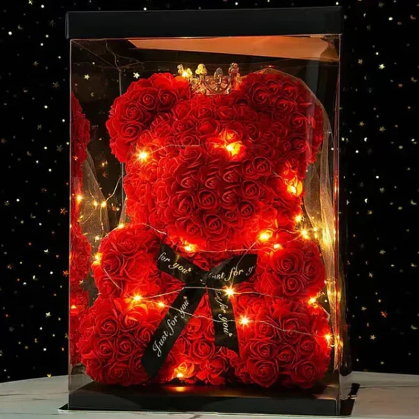 Urso de Rosas com Luz 25cm + Caixa Presente – Presente Romântico para Namorada, Aniversário, Casamento ou Dia das Mães - Imagem 14
