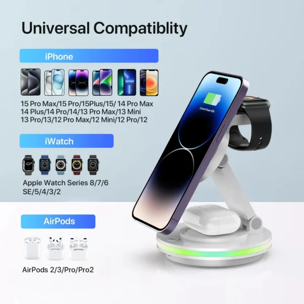 Carregador Magnético Dobrável Sem Fio, Carregador 4 em 1 para Apple iPhone 15 Pro Max, 14, 13, 12, Airpods 3, 2 Pro - Imagem 4