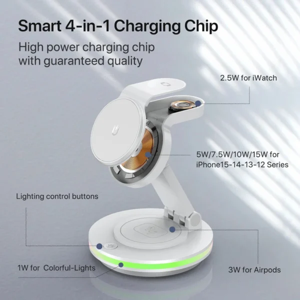 Carregador Magnético Dobrável Sem Fio, Carregador 4 em 1 para Apple iPhone 15 Pro Max, 14, 13, 12, Airpods 3, 2 Pro - Imagem 5