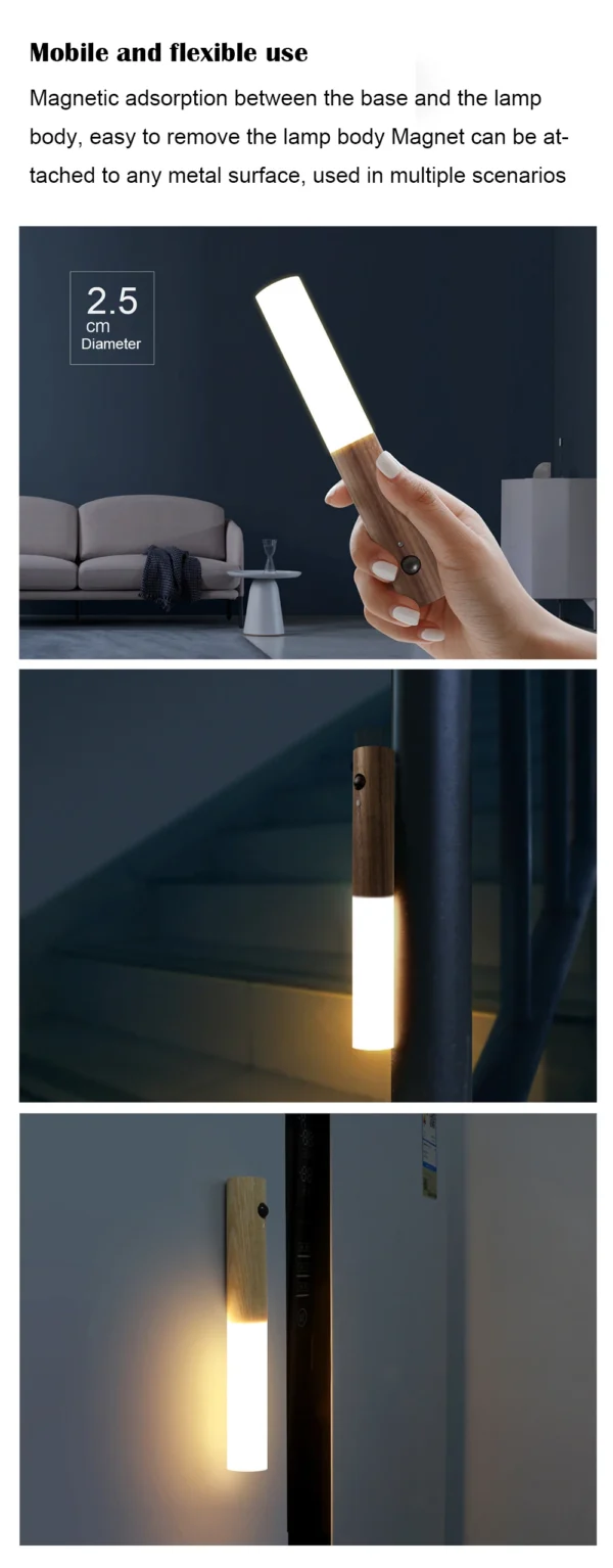 Luminária LED Inteligente com Sensor de Movimento PIR – Base Magnética e Acabamento em Madeira - Imagem 11