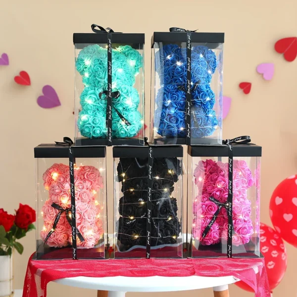 Urso de Rosas com Luz 25cm + Caixa Presente – Presente Romântico para Namorada, Aniversário, Casamento ou Dia das Mães - Imagem 19