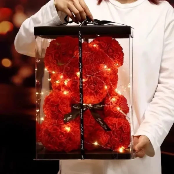 Urso de Rosas com Luz 25cm + Caixa Presente – Presente Romântico para Namorada, Aniversário, Casamento ou Dia das Mães